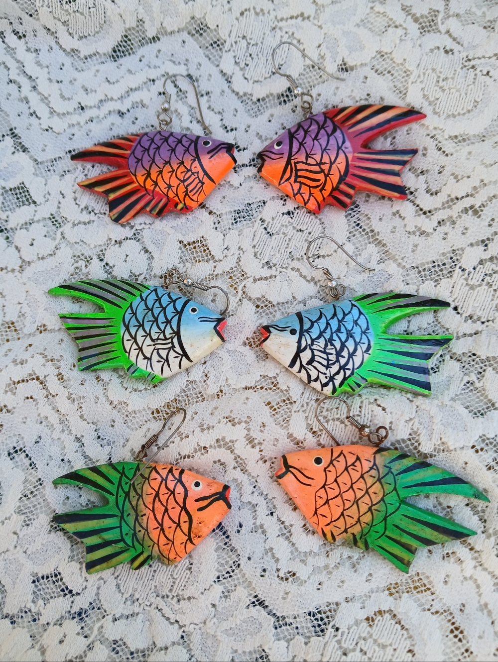 Vintage 3 PAIRS Handpainted Wood Fish Earrings Orange, Purple, Blue And More